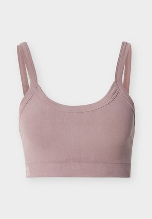 Mauve seamless sports bra with wide shoulder straps and elastic underbust band, shown on a plain white background.