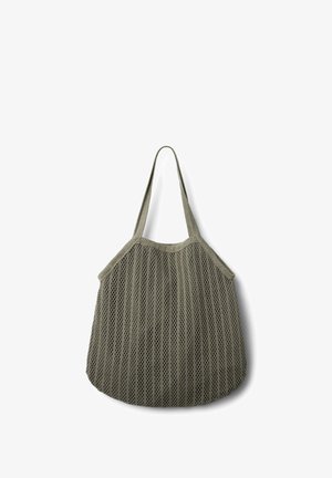 Borsa tote in rete verde oliva con forma arrotondata, caratterizzata da una trama testurizzata e due manici per un trasporto comodo.