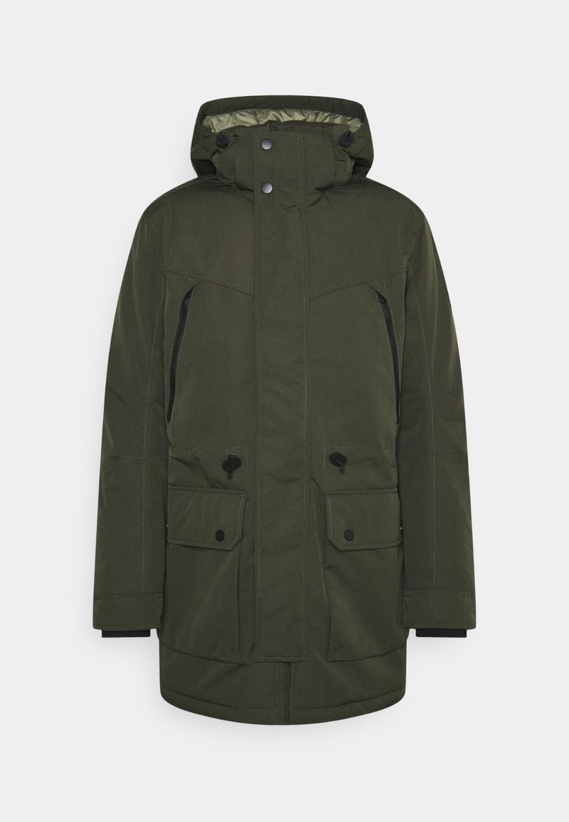 Olivgrön parka med huva, med dragkedja framtill, justerbara snoddar, två stora framfickor och svarta detaljer. Slät, slitstark tyg.