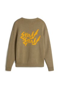 Khakifarbenes Sweatshirt mit strukturiertem Finish, das auf der Rückseite eine unregelmäßige orangefarbene Grafik zeigt, sowie gerippten Bündchen und Saum.