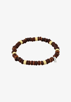 Holzperlenarmband mit dunkelbraunen und hellgelben Perlen sowie einem silbernen Anhänger. Runde Form mit strukturierter Oberfläche.
