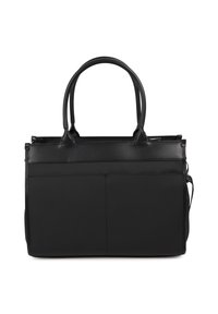 Saco tote preto com duas alças robustas, material sintético liso, fecho com zíper e bolsos frontais. Forma retangular com design minimalista.