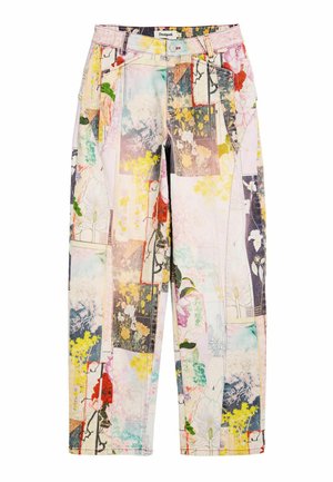 High-waist pants with patchwork floral prints in pastel shades of yellow, pink, green, and blue, featuring a button and zip closure.