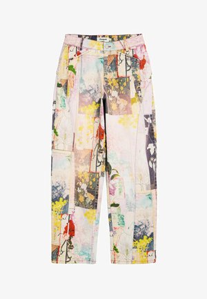 High-waist pants with patchwork floral prints in pastel shades of yellow, pink, green, and blue, featuring a button and zip closure.