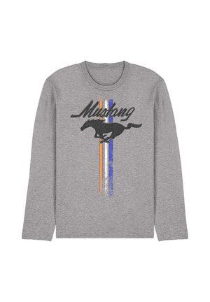 Gray long-sleeve shirt featuring a black running horse silhouette, orange, white, and blue vertical stripes, and the word "Mustang" above.