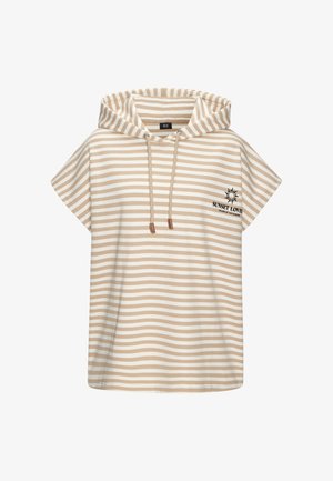 Gestreiftes beige-weißes Kapuzenshirt mit kurzen Ärmeln, ausgestattet mit Kordelzügen und einem kleinen "SUNSET LOVE"-Grafik auf der Brust.