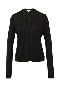 Zwarte cardigan van zacht, lichtgewicht stof. Heeft lange mouwen, een open voorkant en een subtiel stippenpatroon langs de halslijn.