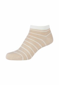 Beige ankelstrømpe lavet af blødt materiale, med hvide vandrette striber og en ribbet hvid manchet. Teksturen er glat med en let glans.