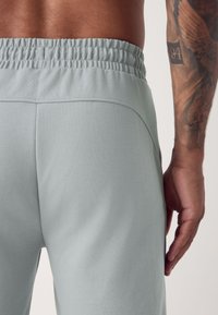 Pantaloni scurți atletici gri deschis, cu talie elastică adunată și buzunare laterale, confecționați dintr-un material moale cu o textură netedă.