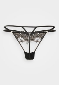 Schwarzer Spitzen-Thong mit floralem Muster, ausgestattet mit mehreren dünnen Riemen und goldenen Hardware-Akzenten. Weicher Stoff mit transparenten, filigranen Details.