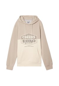 Sudadera con capucha en color beige y crema que cuenta con un bolsillo frontal, cordones y un logotipo gráfico en el centro con una etiqueta de marca de mezclilla.