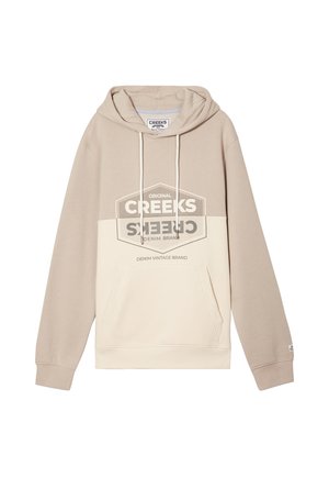 Beige en crème hoodie met een voorzak, koordjes en een grafisch logo in het midden met een denim merklabel.