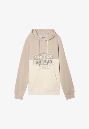 Beige en crème hoodie met een voorzak, koordjes en een grafisch logo in het midden met een denim merklabel.