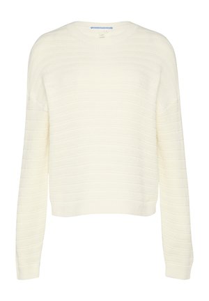 Cremefarbener Strickpullover mit geripptem Muster, rundem Ausschnitt und langen Ärmeln. Verfügt über horizontale Streifen und ein cropped Design.