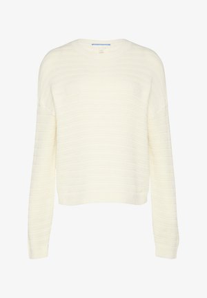 Crème-kleurige gebreide trui met een geribbeld textuur, ronde halslijn en lange mouwen. Beschikt over horizontale strepen en een cropped ontwerp.