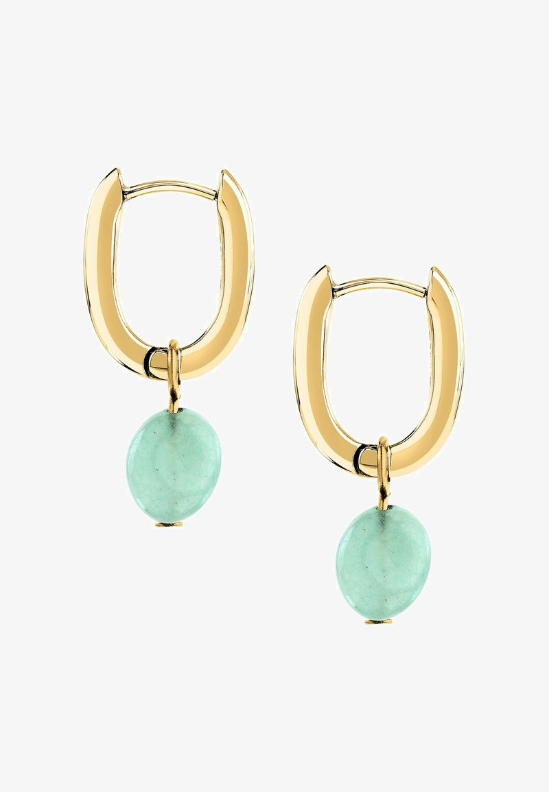 Orecchini a cerchio in tonalità oro con un ovalo di pietra verde menta pendente da un anello centrale dorato. Texture liscia con finitura lucida.