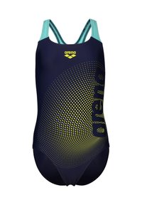 Costume da bagno navy con un motivo a pois multicolori, con logo giallo e spalline turchesi. Realizzato in materiale liscio ed elastico progettato per il nuoto.
