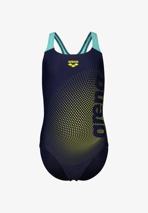 Maillot de bain navy avec un motif à pois multicolores, arborant un logo jaune et des bretelles teal. Fabriqué à partir d'un matériau lisse et extensible conçu pour la natation.