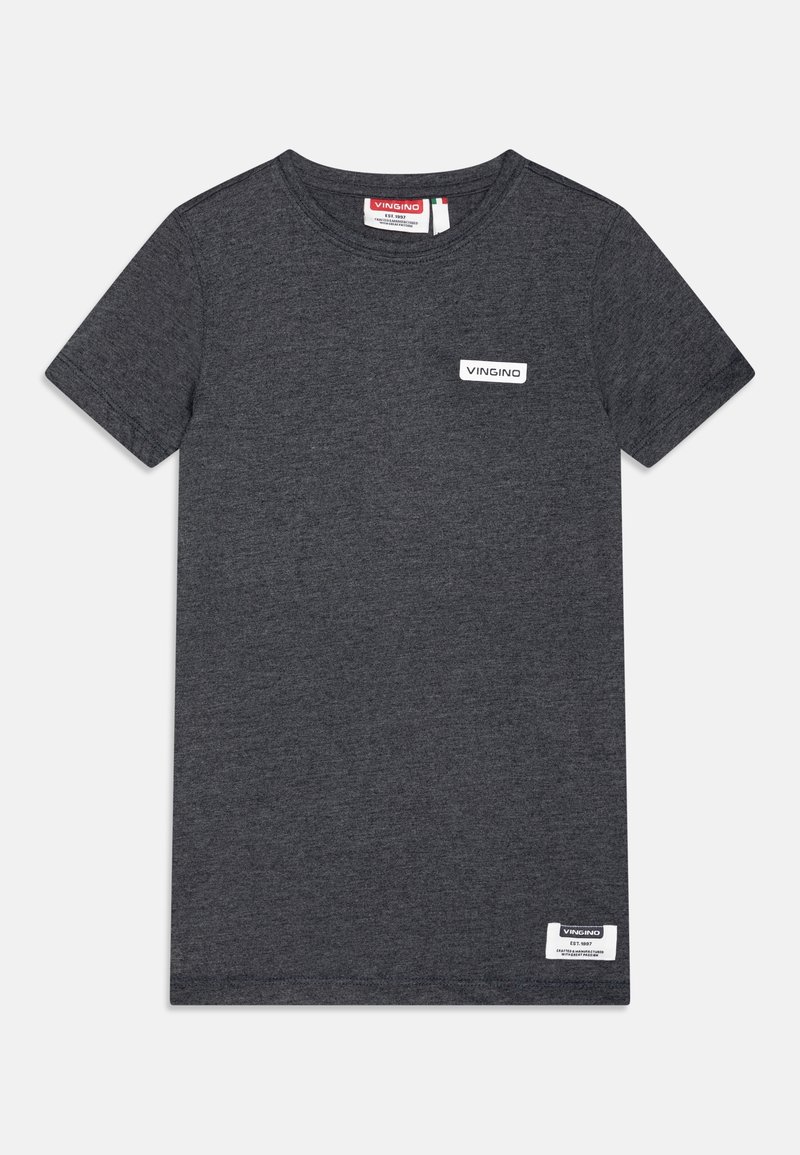 T-shirt gris foncé à manches courtes avec col rond, petit logo "Vingino" sur la poitrine et une étiquette rectangulaire près de l'ourlet inférieur.