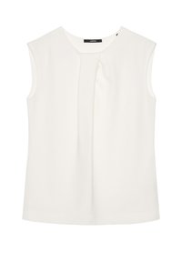 Ärmelloses weißes Top aus weichem Stoff, mit einem gefalteten Design an der Vorderseite, minimalistischem Schnitt und rundem Halsausschnitt.