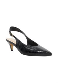 Black slingback heeled shoe featuring a pointed toe, textured reptile pattern, low heel, and adjustable ankle strap with metallic buckle.
