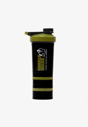 Black plastic shaker bottle with green accents, features a twist cap, textured bands, and a logo reading "GORILLA WEAR" on the side.