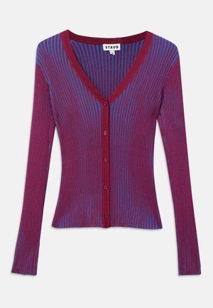 V-neck cardigan featuring burgundy and blue vertical stripes, long sleeves, and a button closure at the front. Made from ribbed material.