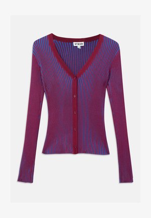 V-hals cardigan med burgunder og blå vertikale striper, lange ermer og knappelukking foran. Laget av ribbet materiale.