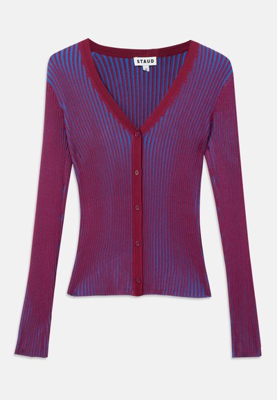 V-hals cardigan med burgunder og blå vertikale striper, lange ermer og knappelukking foran. Laget av ribbet materiale.