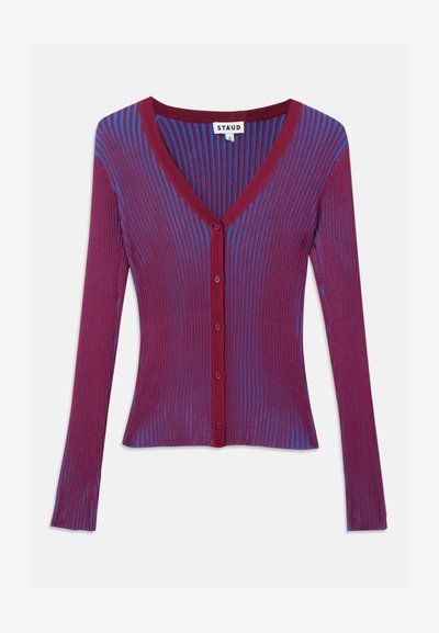 V-ringad cardigan med vinröda och blå vertikala ränder, långa ärmar och knäppning fram. Tillverkad av ribbat material.