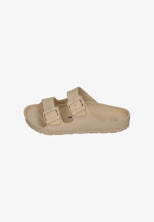 Beige slide sandal made of rubberized material, featuring two adjustable straps with square buckles, and a textured footbed for grip.