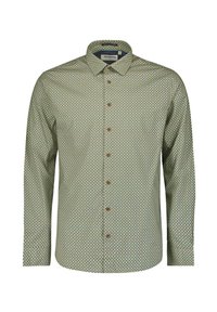 Groene shirt met een geometrisch patroon, lange mouwen, een knoopsluiting aan de voorkant en bruine knopen. Zachte stoftextuur.