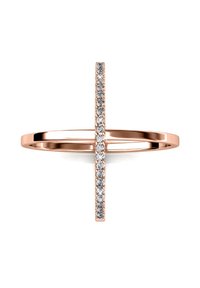 Anello in oro rosa con una barra verticale stretta incastonata con pietre trasparenti su un lato, con un design di fascia liscia e minimalista.