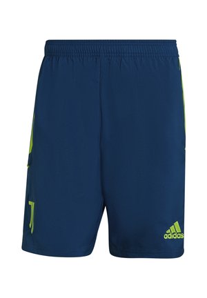 Short de sport bleu marine avec taille élastique, logo Adidas vert citron sur la jambe droite et détails de design vert citron sur les côtés.