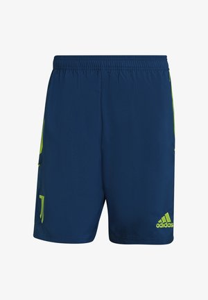 Short de sport bleu marine avec taille élastique, logo Adidas vert citron sur la jambe droite et détails de design vert citron sur les côtés.