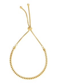 Bracciale in oro con un scorrimento regolabile liscio e rotondo. Presenta un design piatto, a maglie, e due piccole sfere decorative a ciascun estremità.