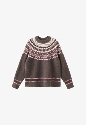 Brauner Wollpullover mit rundem Ausschnitt, verziert mit einem geometrischen Muster in Weiß und Burgunderrot um die Passe und den Saum, sowie gerippten Bündchen.