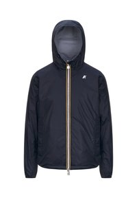 Veste légère à capuche de couleur bleu marine avec fermeture éclair complète à l'avant, deux poches avant, poignets élastiques et petit logo blanc sur la poitrine.
