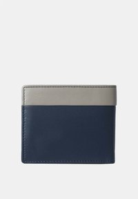 Leather wallet featuring a dual-tone design with a grey top section and a navy blue bottom, smooth texture, and precise stitching detail.