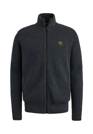 Mračna mornarska zip-up dukserica od teksturiranog rebrastog pletenog materijala, sa visokim ovratnikom i malim logotipom na gornjoj lijevoj strani.