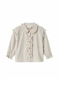 Camicia beige chiara con pois rossi, colletto arricciato, chiusura con bottoni e maniche arricciate. Tessuto morbido con vestibilità comoda.