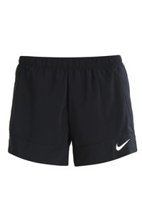 Pantalones cortos deportivos negros con cintura elástica, bolsillos laterales y un logo blanco de Nike en la parte delantera. Hechos de material ligero.