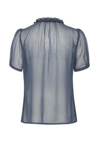 Blusa leggera a maniche corte color navy con un tenue motivo geometrico. Il col ruffle e il dettaglio posteriore leggermente arricciato migliorano il flusso.