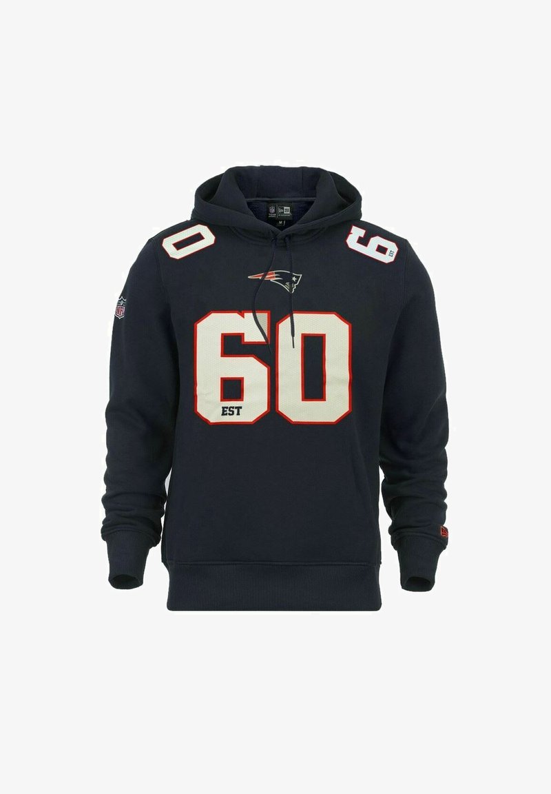Navy hoodie with drawstring, large white "60" on front, red accents, and team logo. Ribbed cuffs and hem, soft fabric texture.