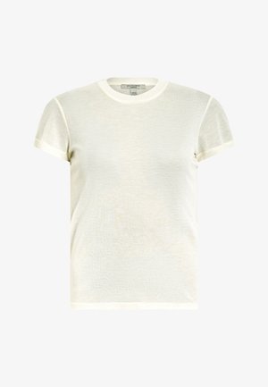 Hellbeige T-Shirt mit kurzen Ärmeln aus einem weichen, strukturierten Stoff. Verfügt über einen Rundhalsausschnitt und kontrastierende Akzentnähte an den Ärmeln.
