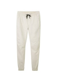 Pantalones jogger de color beige claro, confeccionados en un tejido suave, con una cintura elástica y un cordón negro, bolsillos laterales y puños ajustados.