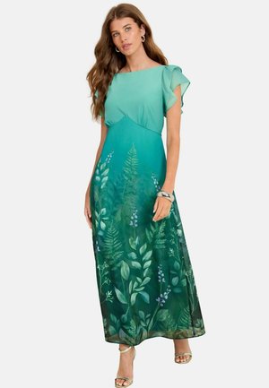 Abito maxi fluido in teal sfumato con stampa floreale, dotato di maniche arricciate e corpetto aderente. Tessuto leggero e sottile con trame morbide.
