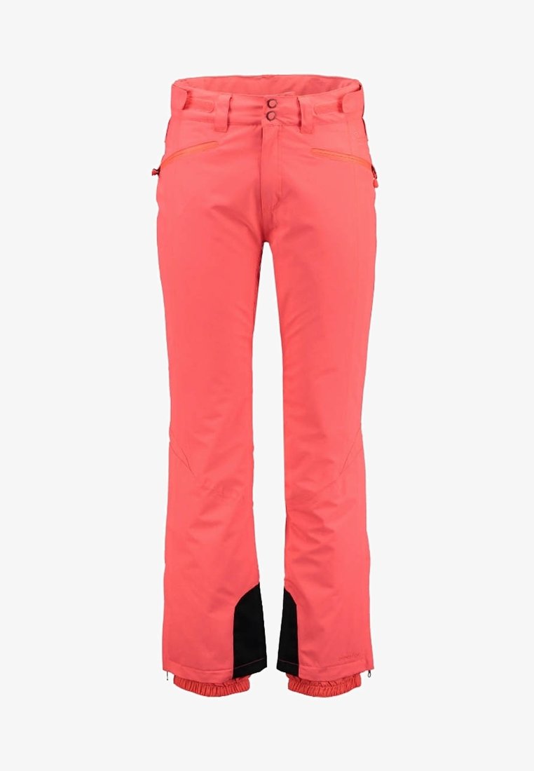 Pantalon de ski imperméable rose corail avec poches zippées, taille à double bouton et renforts noirs à l'intérieur des chevilles.