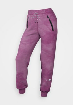 Lilla tie-dye joggingbukser med elastiske manchetter, snøre i taljen, to sorte lynlåslommer og et lille hvidt logo nær venstre ankel.