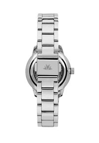 Orologio in acciaio inossidabile argento con bracciale elegante, cassa tonda e logo incastonato sulla chiusura. Presenta una superficie testurizzata e un design classico.